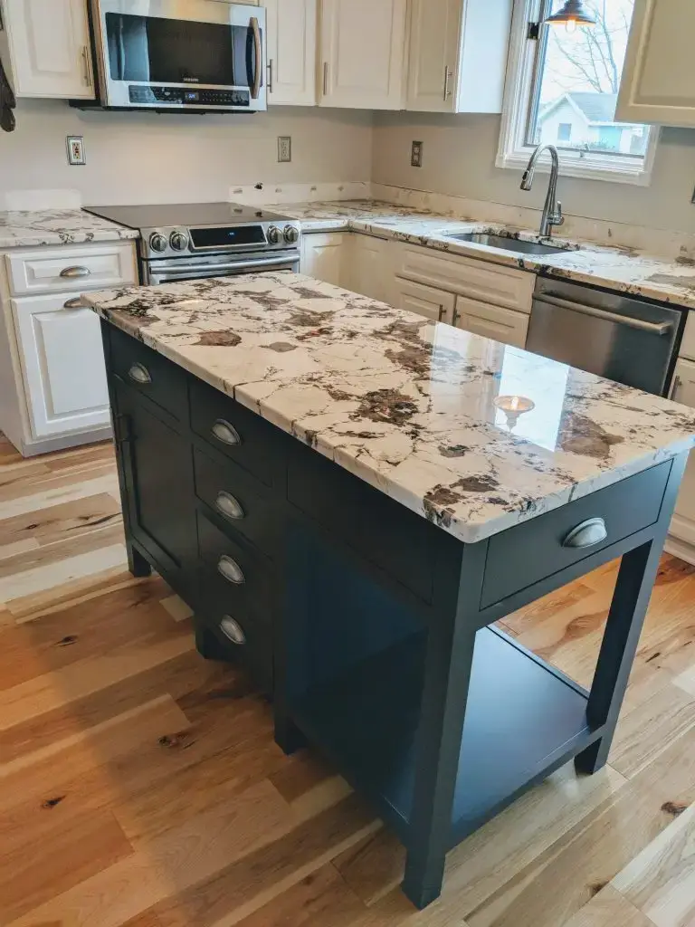 kitchen remodel with island drawers and seating.