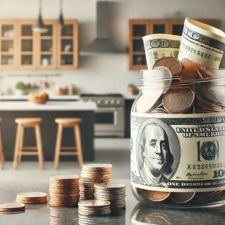 money savings from a kitchen renovation. The scene features a jar filled with realistic U.S. coins and dollar bills