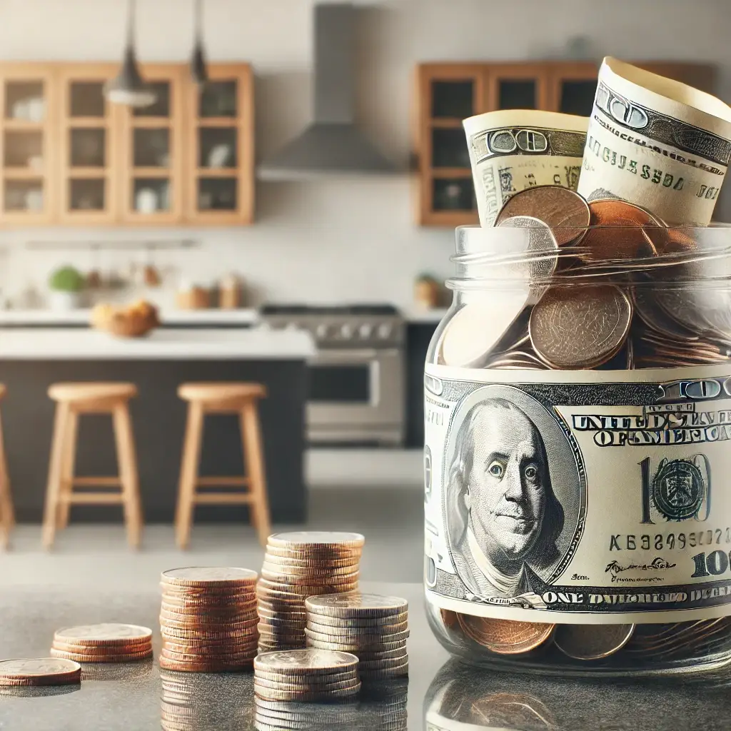 money savings from a kitchen renovation. The scene features a jar filled with realistic U.S. coins and dollar bills